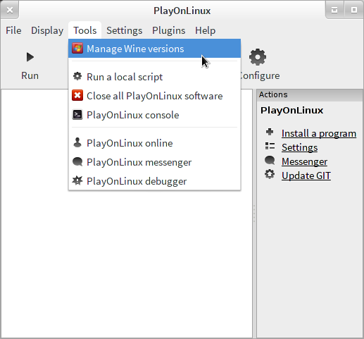 PlayOnLinux main window, with Manage Wine Versions highlighted in the
    Tools menu