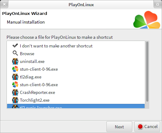 PlayOnLinux manual installation wizard, picked the launcher