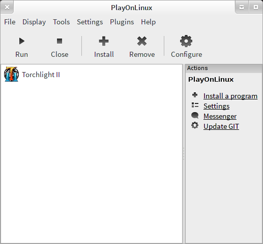 PlayOnLinux main window, listing Torchlight II as an option