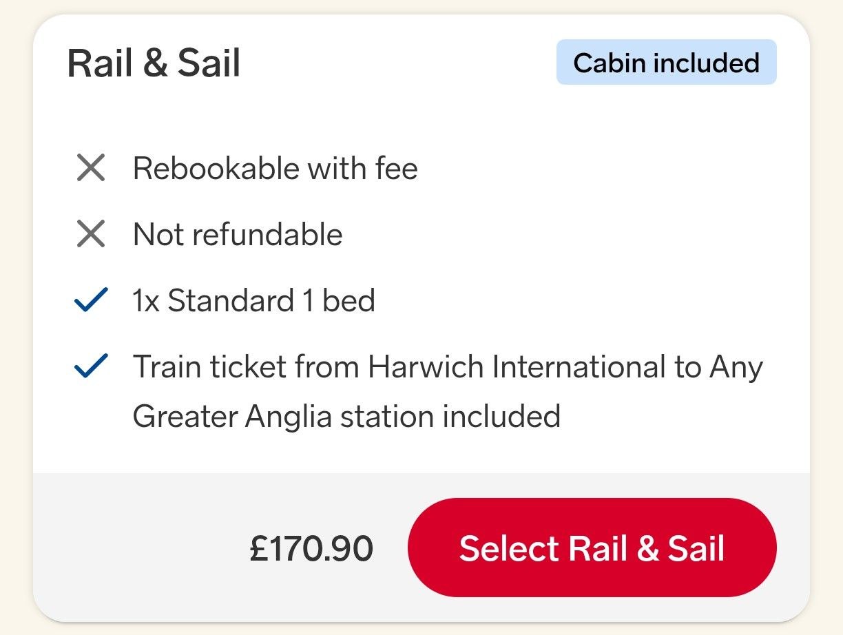 The cost in 2026 of one rider with bicycle from Hoek van Holland through to London Liverpool Street on the overnight ferry.