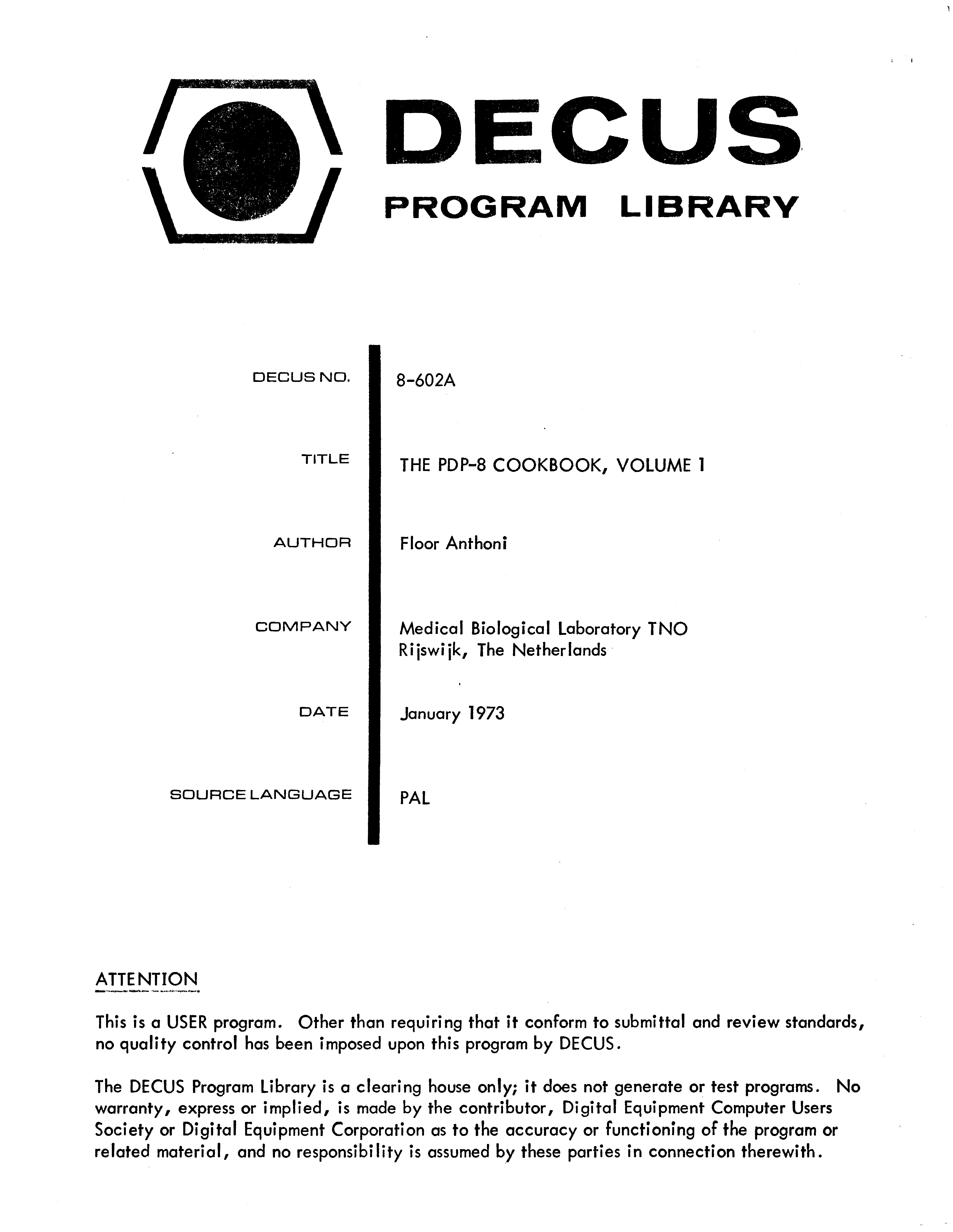 Title page for The PDP-8 Cookbook, Volume 1