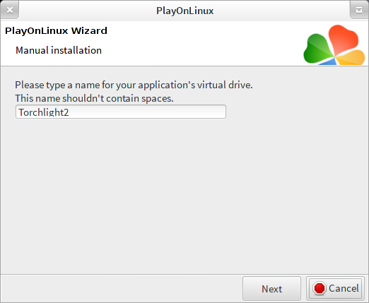 PlayOnLinux manual installation wizard, naming the new drive