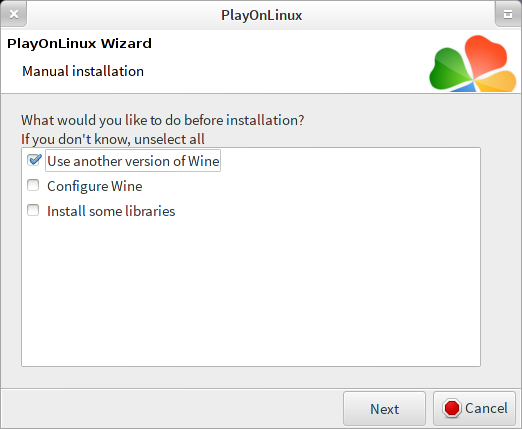 PlayOnLinux manual installation wizard, picking pre-install tweaks
