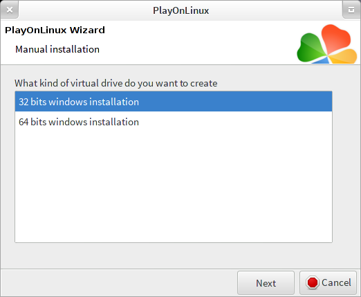 PlayOnLinux manual installation wizard, picking 32-bit Windows
