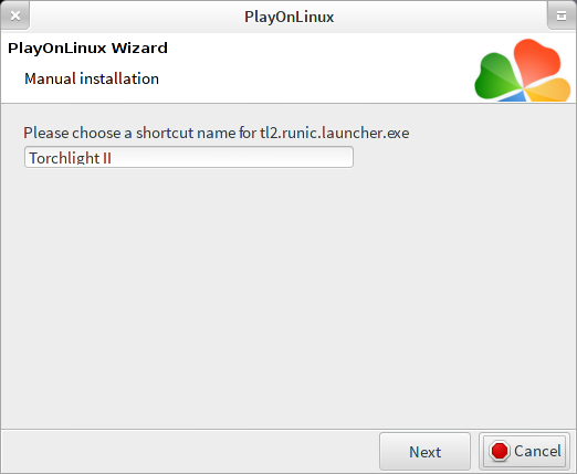 PlayOnLinux manual installation wizard, naming the shortcut